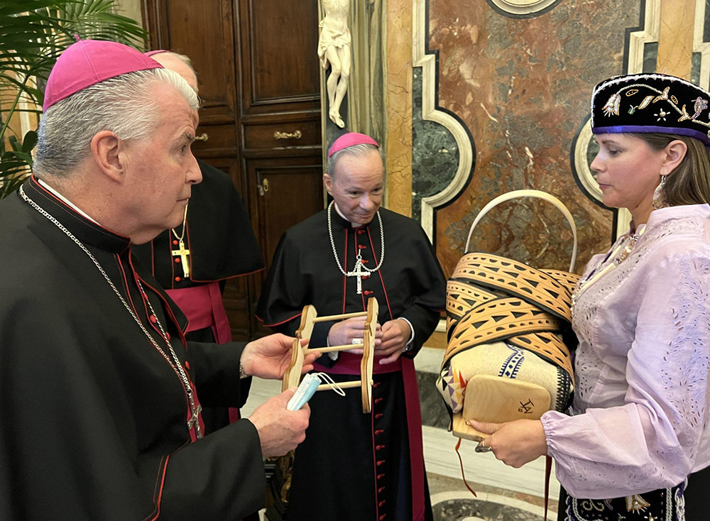 As part of a 2022 Assembly of First Nations delegation to the Vatican, Michelle Schenandoah presented Pope Francis with an empty Haudenosaunee cradleboard, representing the Indigenous children who never returned home from residential schools, to contemplate overnight. (Katsitsionni Fox)