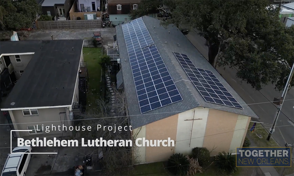 Bethlehem Lutheran Church is pictured in this photo. The church is part of Together New Orleans' Community Lighthouse project, a network of churches and other community centers equipped with solar panels and backup batteries that can serve as disaster relief centers. (Courtesy of Together Louisiana/Carlos M. Silva Photography)