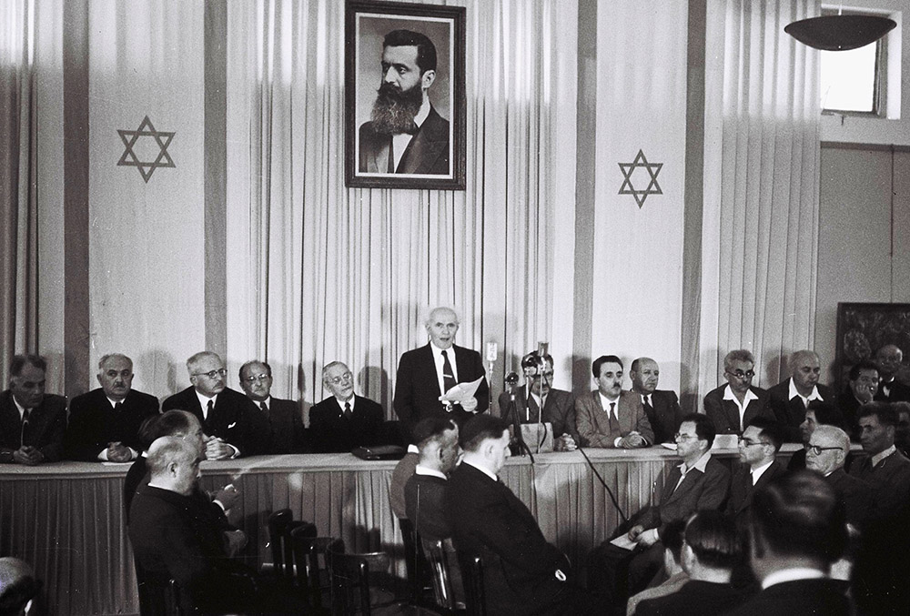 David Ben-Gurion publicly pronounces the Declaration of the State of Israel on May 14, 1948, in Tel Aviv. (Wikimedia Commons/Israel Ministry of Foreign Affairs)