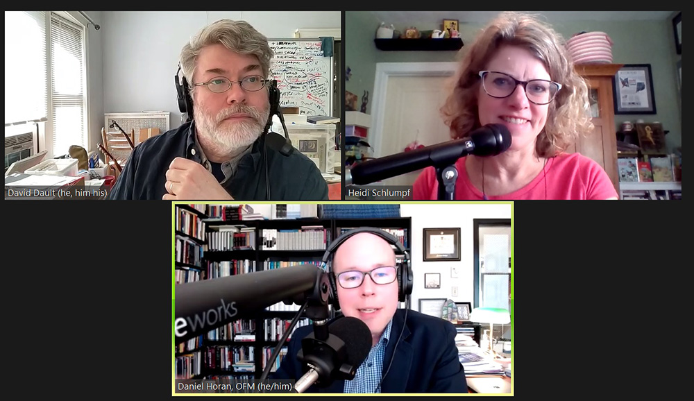 "The Francis Effect" podcast co-hosts David Dault, Heidi Schlumpf and Franciscan Fr. Daniel Horan talk during the latest episode. (NCR screenshot)