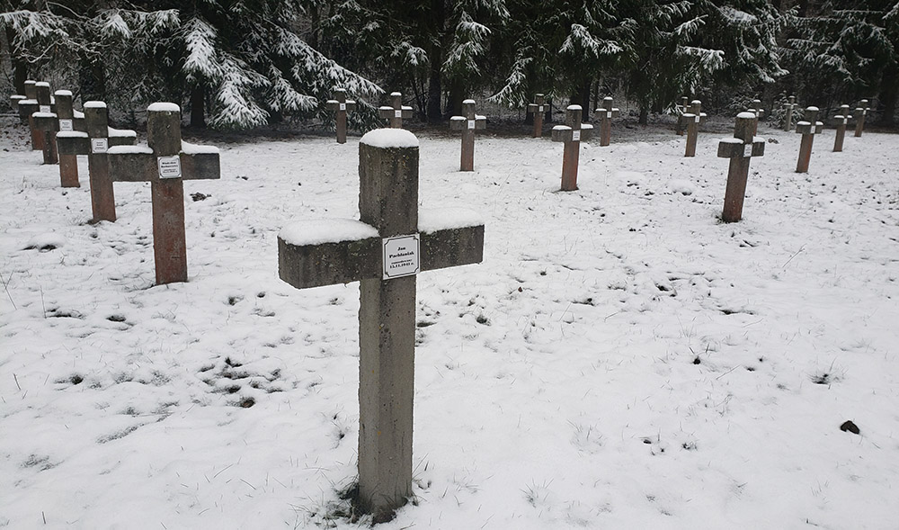 Dozens of non-Jewish Polish prisoners, presumably Catholic and also murdered at Treblinka, are named individually on crosses in a cemetery at the Treblinka memorial site. (NCR photo/Chris Herlinger)