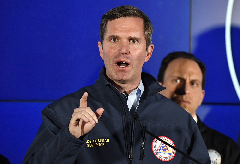 Kentucky Gov. Andy Beshear speaks to reporters during a news conference April 10 in Louisville, Kentucky. A shooting at the Old National Bank killed and wounded several people, according to police. The suspected shooter is also dead. (AP photo/Timothy D. Easley)