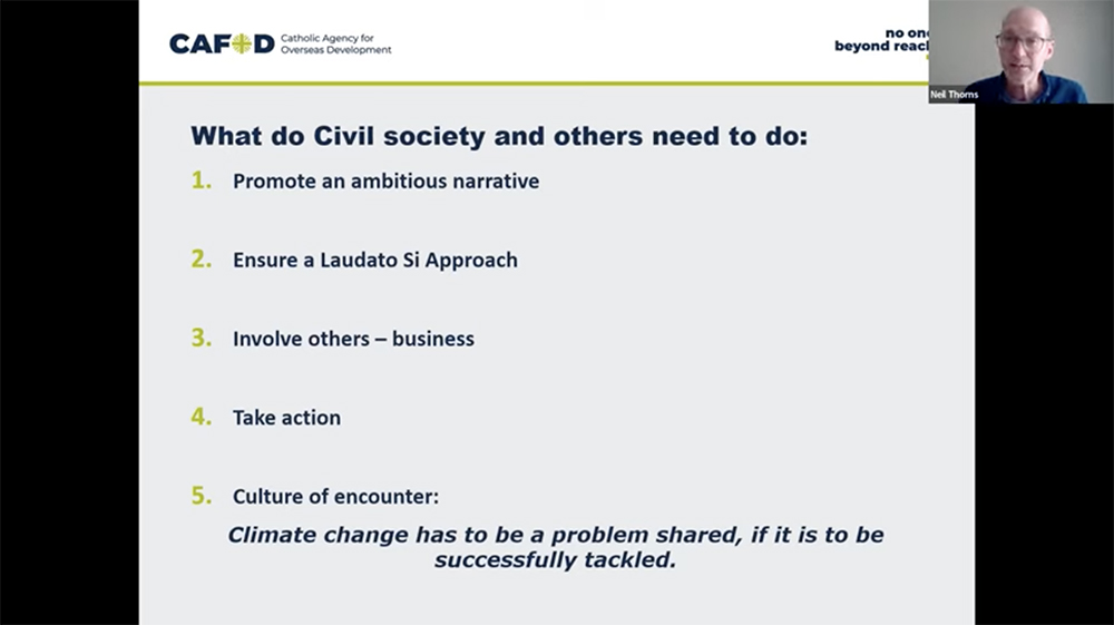 Neil Thorns, advocacy director with CAFOD (the Catholic development agency of England and Wales) and a past member of the Holy See delegation at U.N. climate conferences, speaks during a webinar March 30 hosted by the Laudato Si' Movement. (NCR screenshot)