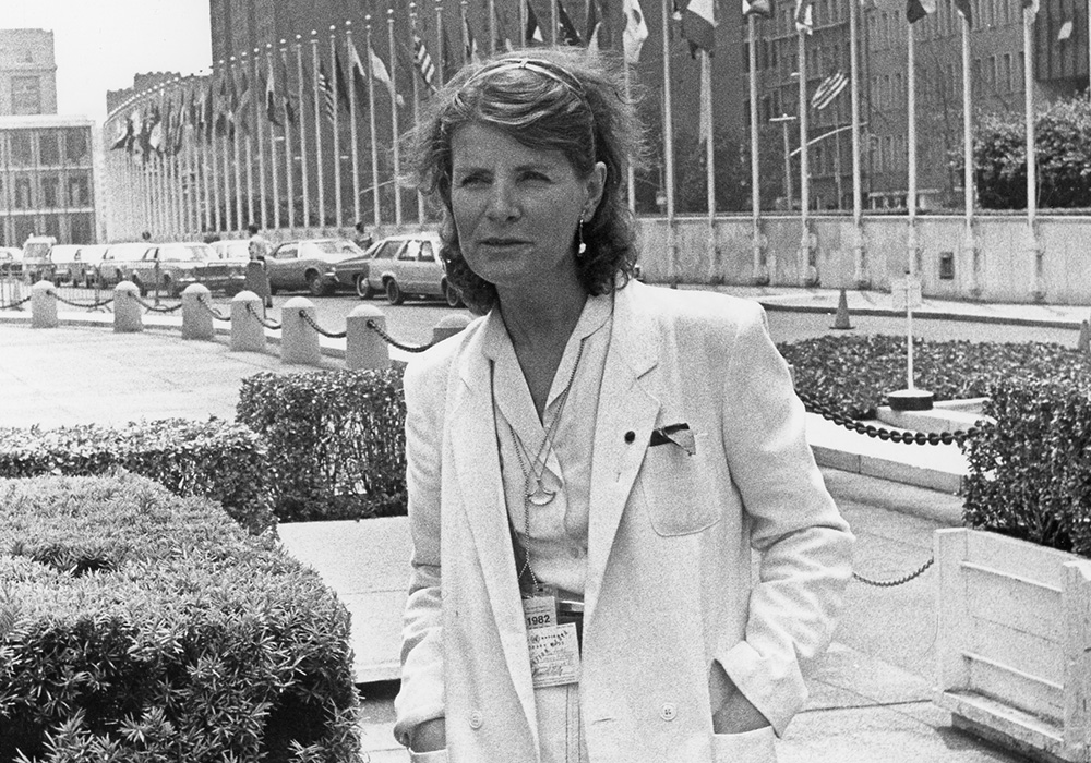 Patricia Lefevere outside the United Nations in New York City on July 2, 1982, during a U.N. special session on disarmament (NCR file photo)
