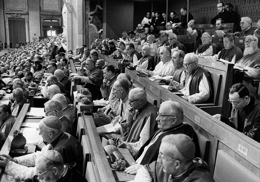 Between 2,000 and 2,500 bishops attended each Vatican II session inside St. Peter's Basilica. The council produced 16 landmark documents that transformed the church. (CNS file photo)