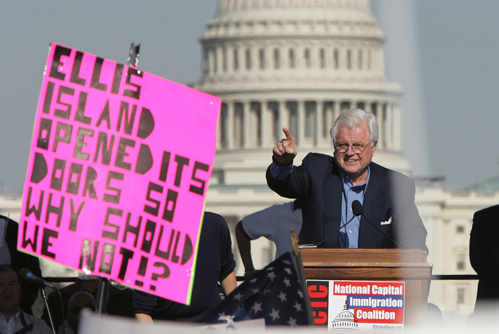 Sen. Ted Kennedy, D-Massachusetts, addresses a rally for reform of immigration law April 10, 2006, in front of the U.S. Capitol in Washington. (CNS/Nancy Wiechec)