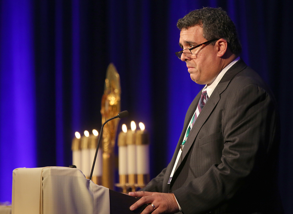 Luis Torres Jr., an abuse survivor, speaks to bishops in the chapel during a day of prayer Nov. 12, 2018, at the fall general assembly of the U.S. Conference of Catholic Bishops in Baltimore. (CNS/Bob Roller)