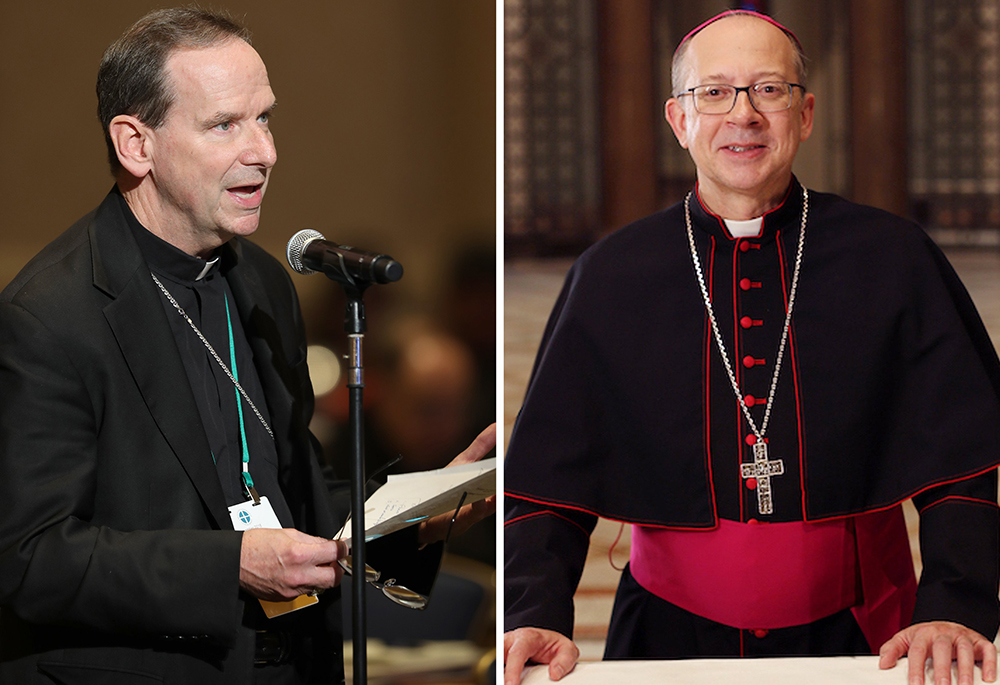 Bishop Michael Burbidge of Arlington, Virginia, and Bishop Barry C. Knestout of Richmond, Virginia, are seen in this composite photo. (CNS composite; photos by Bob Roller and Ian West, Courtesy of Diocese of Richmond)