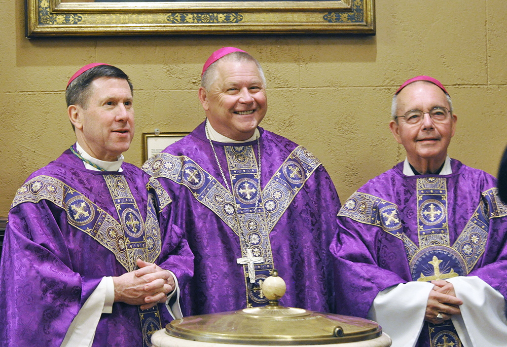 Tennessee Bishops J. Mark Spalding of Nashville, Richard F. Stika of Knoxville and David  Talley of Memphis are seen at St. Mary of the Seven Sorrows Church March 23, 2022, in downtown Nashville. The bishops came together to meet with state politicians to talk about issues in line with Catholic social teaching. (CNS/Tennessee Register/Katie Peterson)