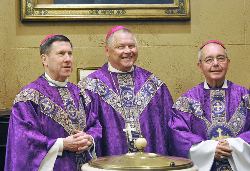 Tennessee Bishops J. Mark Spalding of Nashville, Richard Stika of Knoxville and David Talley of Memphis are seen at St. Mary of the Seven Sorrows Church March 23, 2022, in downtown Nashville. An apostolic visitation is investigating concerns about Stika's leadership. (CNS/Tennessee Register/Katie Peterson)