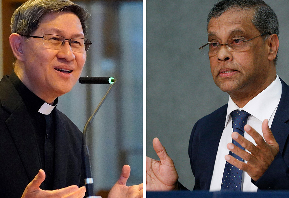 Cardinal Luis Antonio Tagle of the Philippines, and Aloysius John, then-secretary-general of Caritas Internationalis, are seen in this composite photo. (CNS composite/Gregory A. Shemitz and Paul Haring)