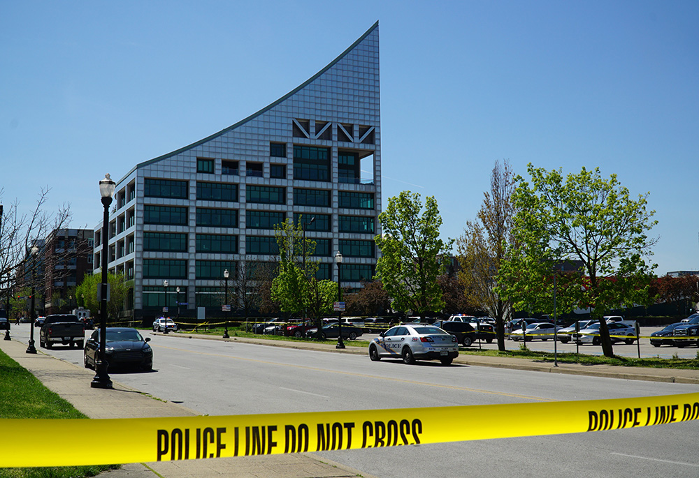 Police tape cordoned off North Preston Street at Witherspoon in downtown Louisville, Kentucky, after a mass shooting in the Old National Bank building April 10. (OSV News/The Record Newspaper/Marnie McAllister)