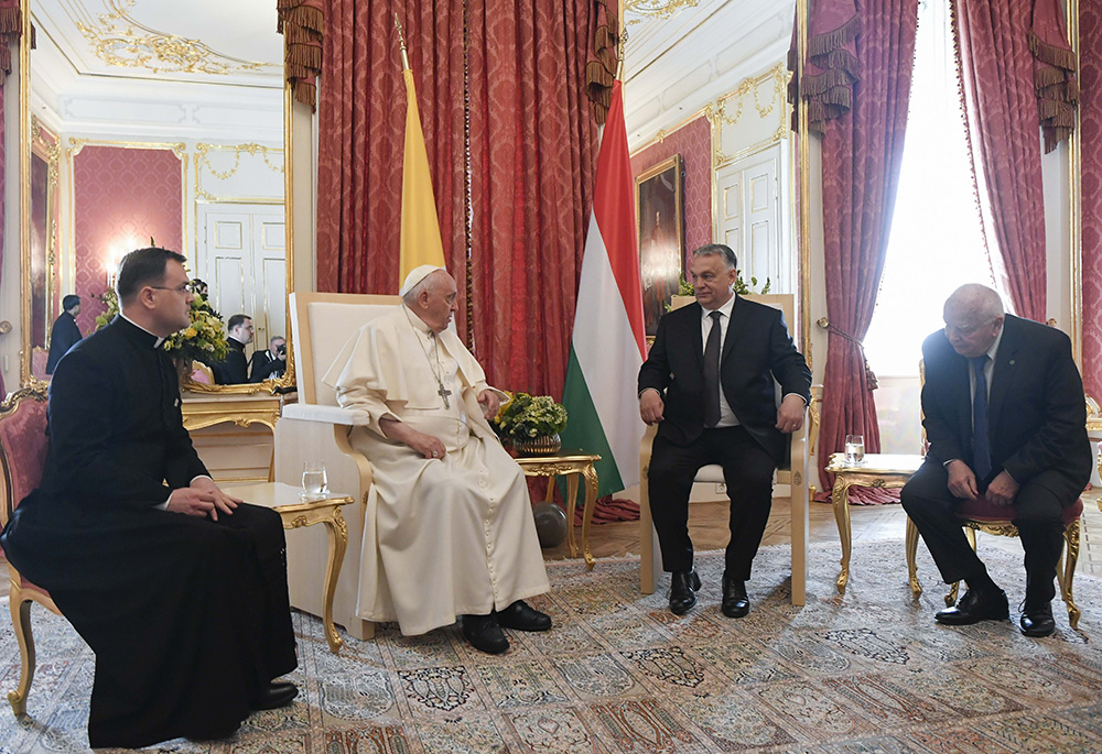 Pope Francis meets with Hungarian Prime Minister Viktor Orbán at Sándor Palace April 28 in Budapest, Hungary. (CNS/Vatican Media)