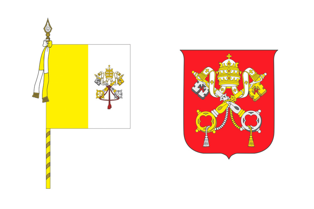 A yellow and white flag with a crown above interlocked keys is next to a red crest with the same crown and keys image