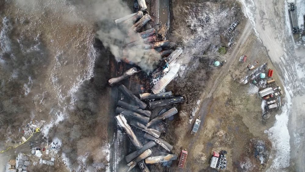 Drone footage taken Feb. 6, 2023, shows a freight train derailment in East Palestine, Ohio. Some 50 cars from the train derailed the evening of Feb. 3 near the Pennsylvania border. No injuries were reported following the crash, which sparked a massive fire that continued to burn Feb. 4. The derailed train was carrying toxic substances and three months later still face "a lot of uncertainty" about their surroundings. (OSV News photo/NTSBGov handout via Reuters)