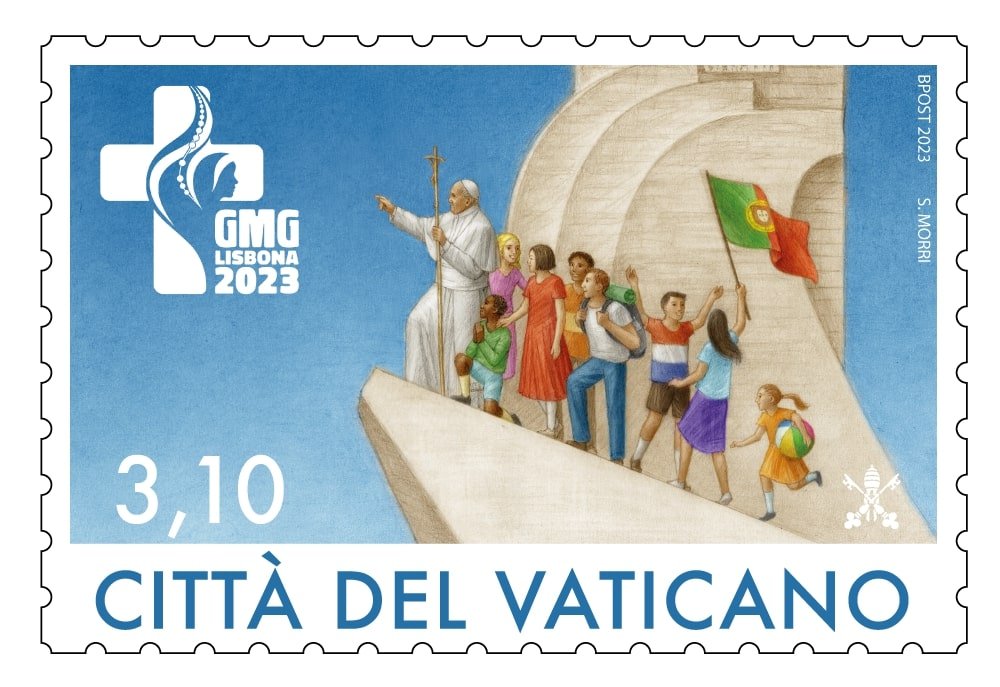 A stamp marked with Citta del Vaticano shows an illustration of Pope Francis of Francis leading a line of young people while he holds a cross and points to the horizon