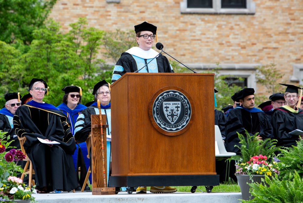 Molly Burhans delivers the 2023 commencement speech at Saint Mary's College in Notre Dame, Indiana, on May 20. (Alonzo Fotography LLC)