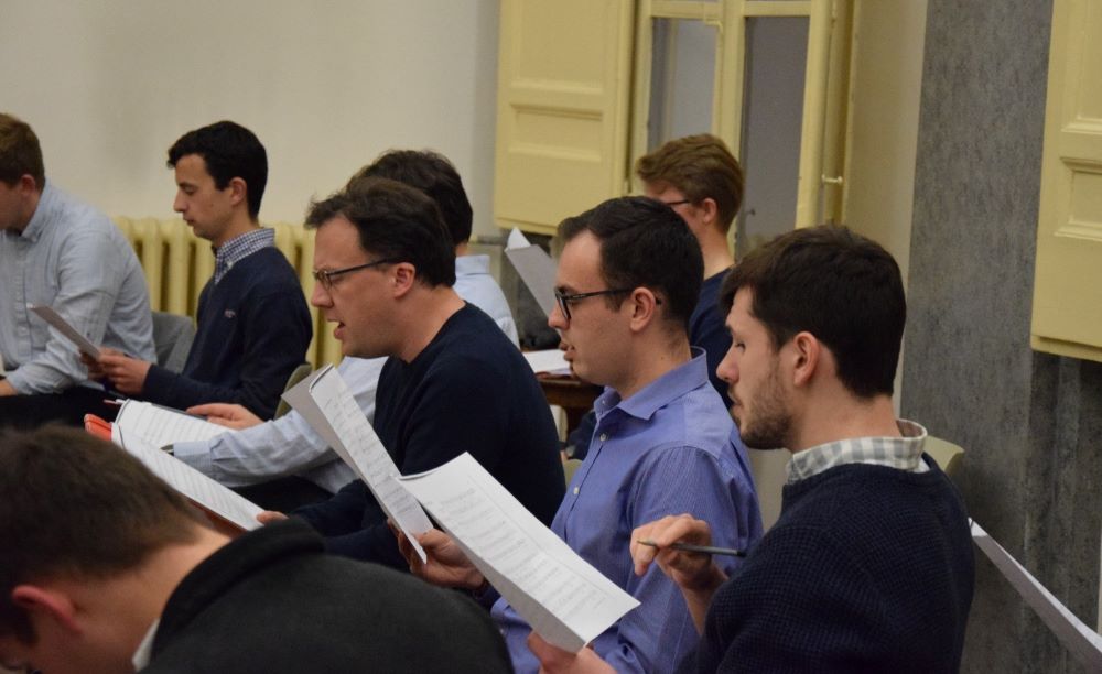 Members of the Venerable English College's schola rehearse. The group will perform music written for the coronation during events celebrating King Charles III's ascension to the throne. (Courtesy of Ryan Hawkes) 
