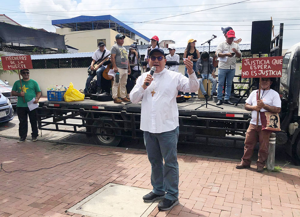 Bishop José Adalberto Jiménez speaks in March in Puerto Francisco de Orellana, Ecuador, at a protest against mining and oil exploitation in the rainforest. (Courtesy of Aguarico Vicariate)