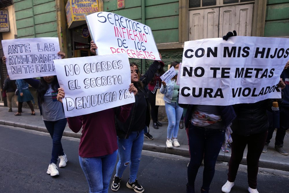 People stand with various signs at their head level, including one saying "Con mis hijos, no te metas cura violador"