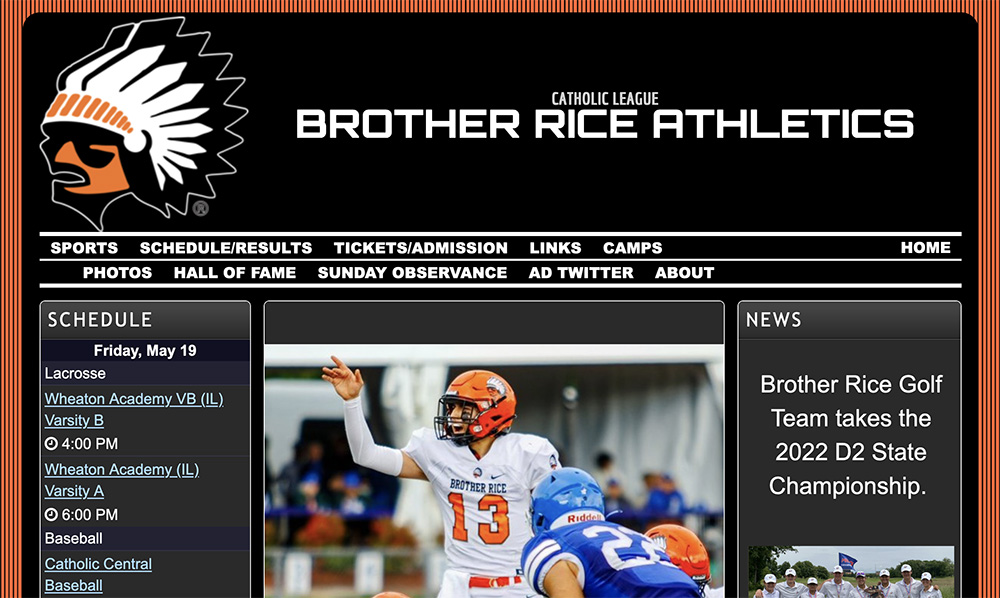 The athletics page of Brother Rice High School in Township, Michigan, includes an image of its orange-colored "Warriors" mascot. (NCR screenshot)