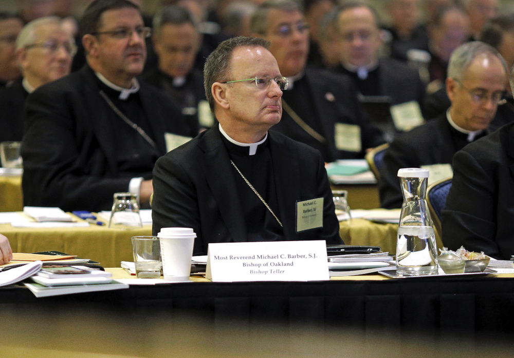 Roman Catholic Diocese of Oakland Bishop Michael Barber, center, listens to a presentation alongside fellow bishops at the United States Conference of Catholic Bishops' annual fall meeting in Baltimore, Nov. 12, 2013. (AP Photo/Patrick Semansky, File)