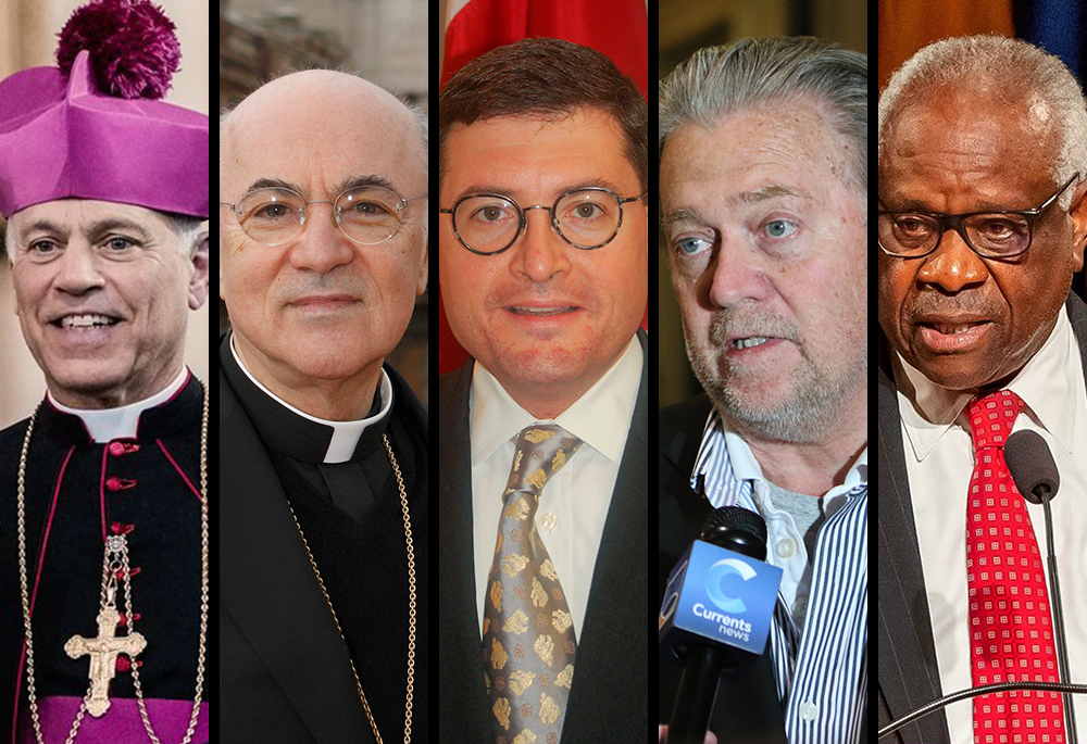 From left: San Francisco Archbishop Salvatore Cordileone; Archbishop Carlo Maria Viganò; Leonard Leo; Steve Bannon; and U.S. Supreme Court Justice Clarence Thomas (CNS/Courtesy of Franciscan University of Steubenville/Ryan Nolan; Paul Haring; Courtesy of the Federalist Society; Gregory A. Shemitz; Courtesy of University of Notre Dame/Peter Ringenberg)
