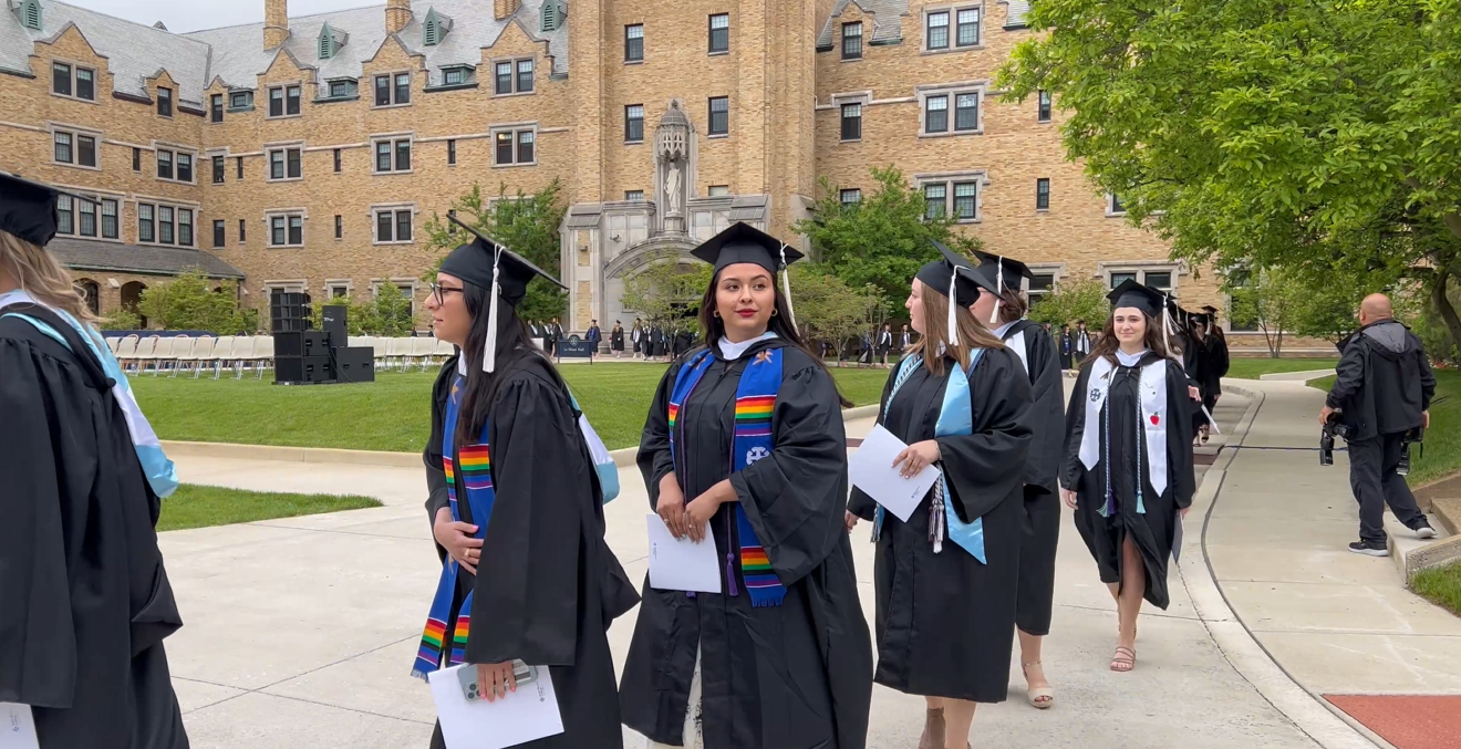 Graduates process in front of Le Mans Hall during the 2023 Commencement Ceremony at Saint Mary's College in Notre Dame, Indiana, May 20. (Courtesy of Saint Mary's College)
