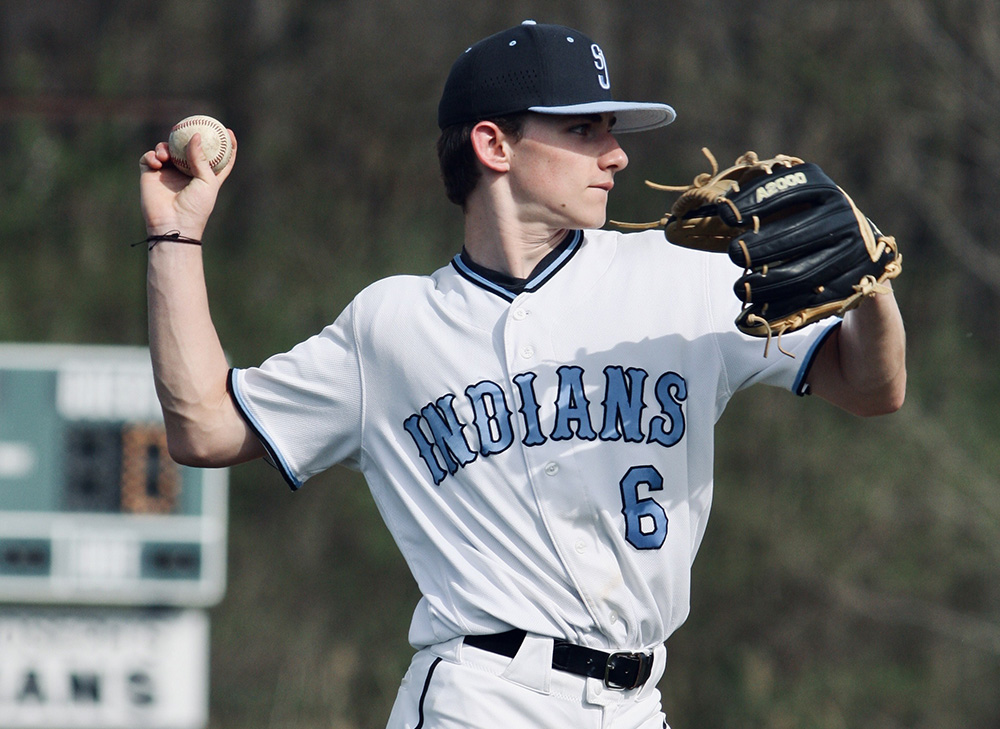 Josh Dolnia pitches during a game this season, the last St. Joseph High School in South Bend, Indiana, will be known as the "Indians." (Courtesy of St. Joseph High School/Bryant Barca) 