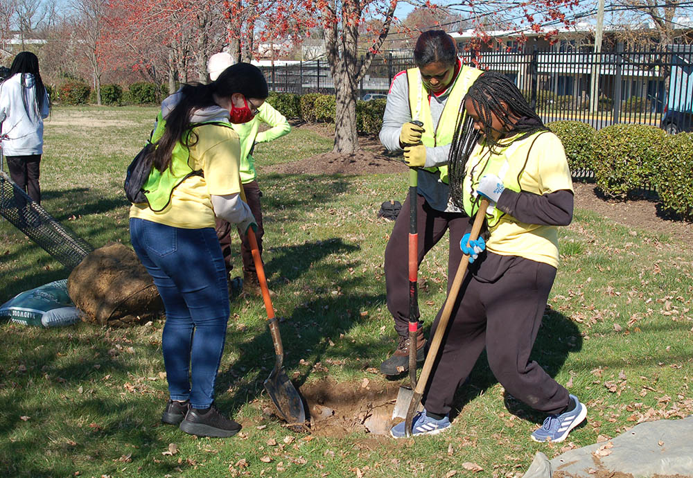 Students at Elizabeth Seton High School take part in a day of service planting 20 trees at the Daughters of Charity-run school in Bladensburg, Maryland, on March 20. The project was coordinated through Laudato Trees, a team of lay Catholic volunteers working to plant trees at Catholic properties around Washington, D.C., to grow the region's tree canopy. (Elizabeth Seton High School/Perry Wargo)