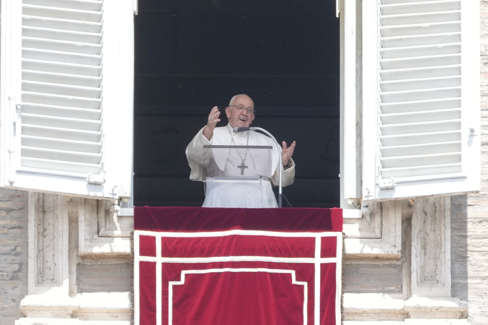 Pope Francis delivers the Regina Coeli noon prayer in St. Peter's Square at the Vatican, Sunday, May 21, 2023. (AP Photo/Gregorio Borgia)