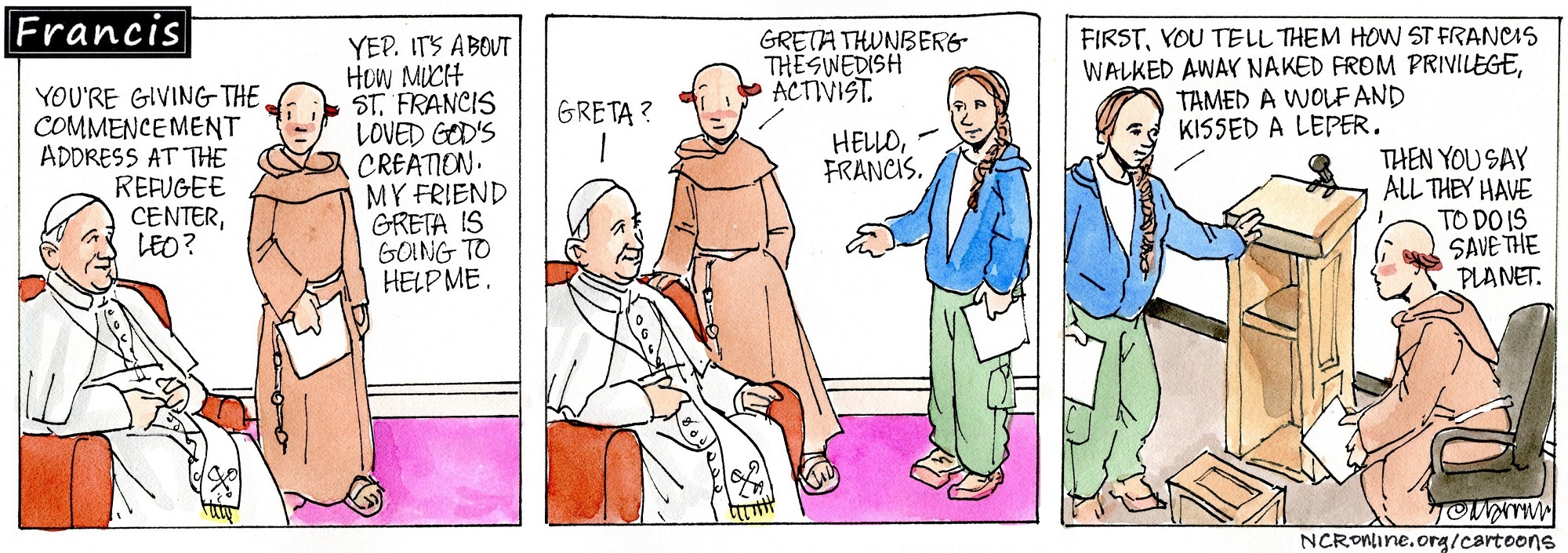 Francis, the comic strip: Greta helps Brother Leo with his commencement address. 