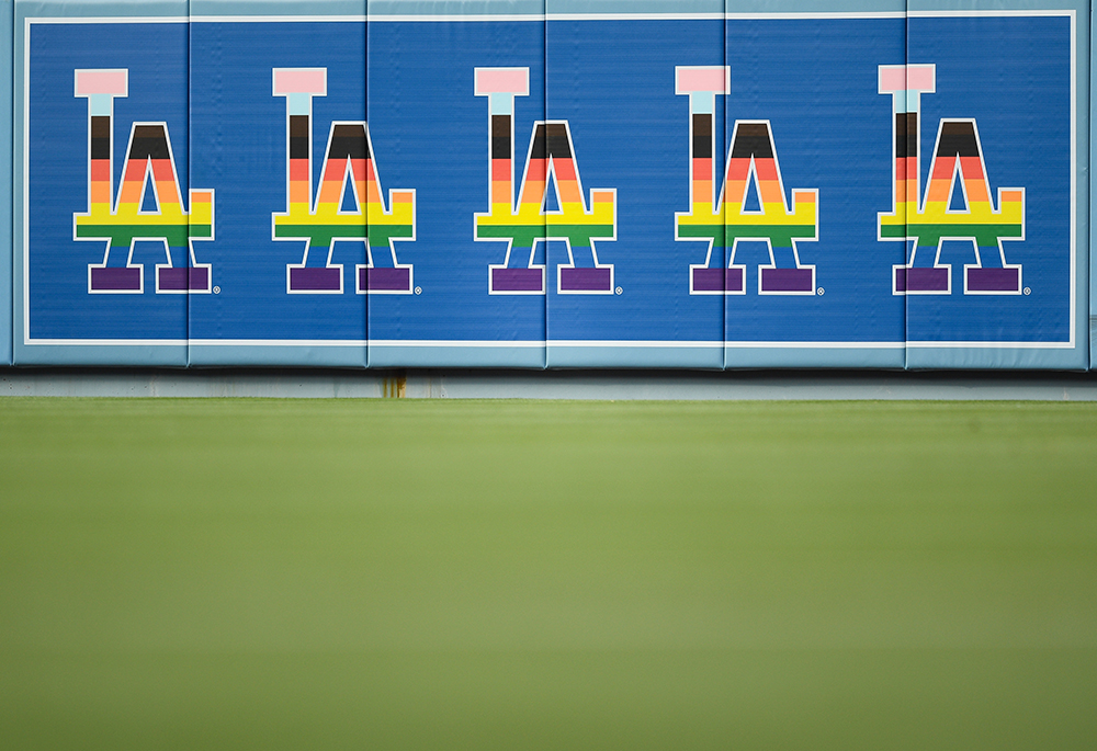 Dodgers logo signage changed for LGBTQ+ Pride Night during the MLB game between the New York Mets and the Los Angeles Dodgers on June 3, 2022 at Dodger Stadium in Los Angeles, California. (Newscom/Icon Sportswire/Brian Rothmuller)