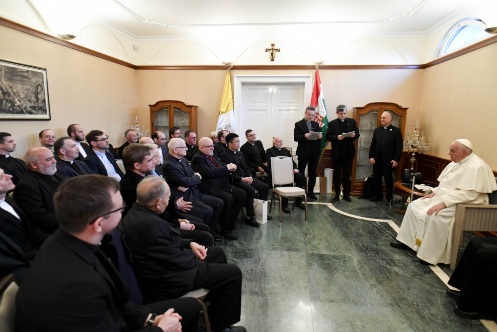 Pope Francis meets with Jesuits in Hungary at the apostolic nunciature in Budapest April 29. On his foreign trips, the pope usually responds to questions from local Jesuits, and a transcript of the encounter is published several weeks later in the Jesuit journal La Civiltà Cattolica. (CNS/Vatican Media)