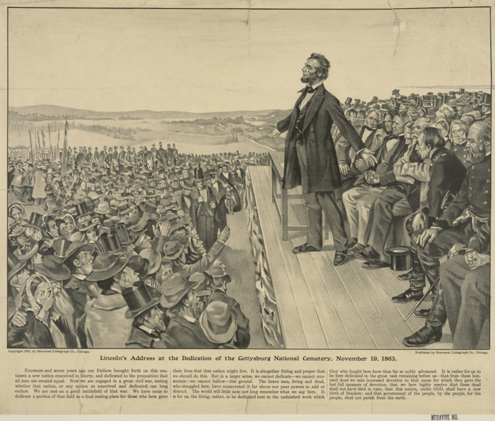 A newspaper print showing Abraham Lincoln's address at the dedication of the Gettysburg National Cemetery, November 19, 1863 (Library of Congress)