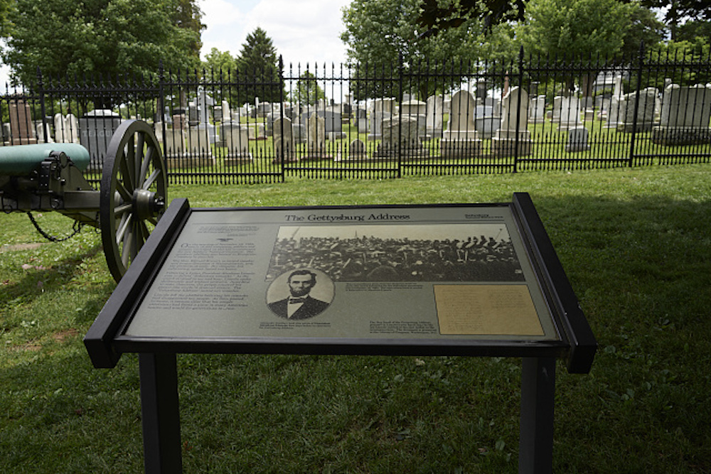 A marker is seen at the site of the famous Gettysburg Address at Gettysburg National Cemetery (originally Soldiers' National Cemetery), a United States national cemetery just outside Gettysburg, Pennsylvania. (Library of Congress/Carol M. Highsmith)