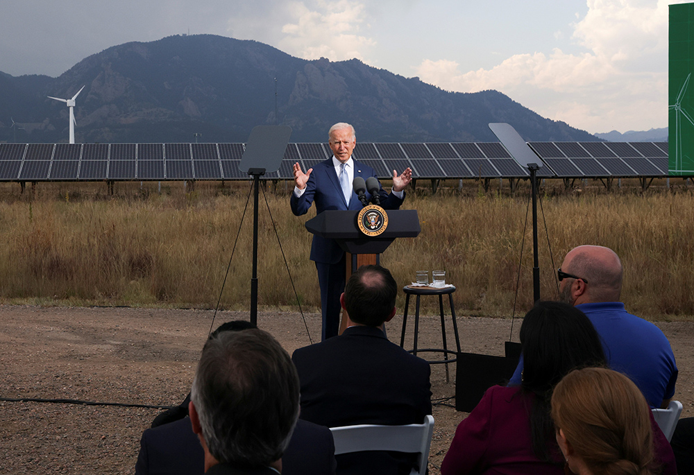 President Joe Biden makes remarks to promote his infrastructure spending proposals during a visit to the Flatirons Campus Laboratories and Offices of the National Renewable Energy Laboratory, Sept. 14, 2021, in Arvada, Colorado. (CNS/Reuters/Leah Millis)