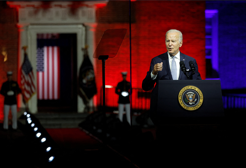 President Joe Biden delivers remarks on what he calls the "continued battle for the Soul of the Nation" in front of Independence Hall Sept. 1, 2022, in Philadelphia. (CNS/Reuters/Jonathan Ernst)