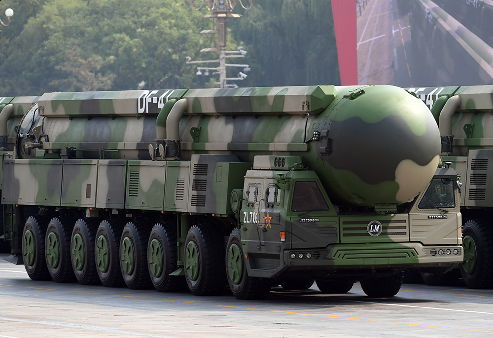 A Dongfeng-41 intercontinental strategic nuclear missiles group formation is seen Oct. 1, 2019, in Beijing. (CNS/Reuters/Weng Qiyu)