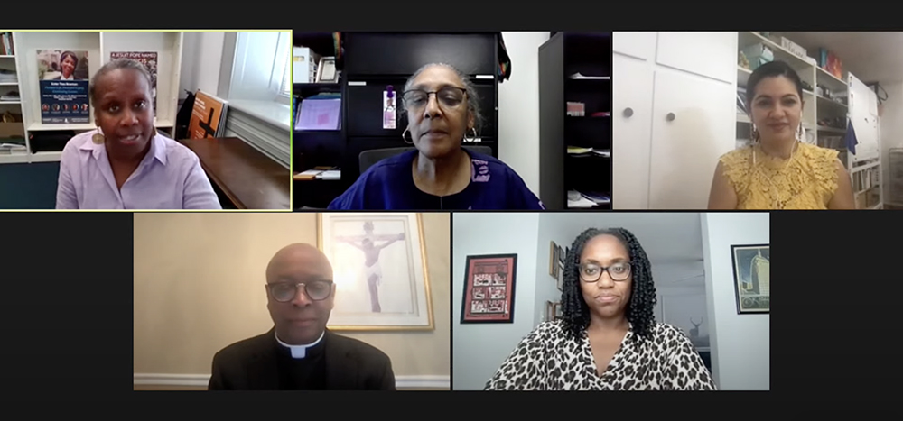 The June 14 virtual panel on "Building the Beloved Community: Addressing Racial Injustice and Finding Ways Forward," sponsored by Georgetown University's Initiative on Catholic Social Thought and Public Life. Top row, from left: Kimberly Mazyck, Kathleen Dorsey Bellow and Gabby Trejo. Bottom row, from left: Fr. Stephen Thorne and Marcia Chatelain. (Courtesy of Georgetown University)