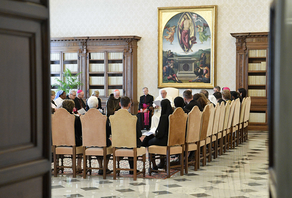 Pope Francis addresses the leadership, staff and members of the Pontifical Commission for the Protection of Minors during an audience at the Vatican May 5. The commission was holding its plenary assembly May 3-6 at its new offices in Rome. (CNS/Vatican Media)