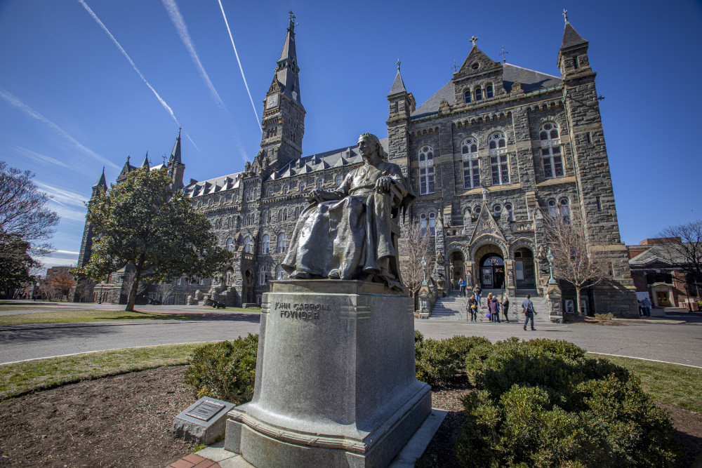 A statue of Baltimore Archbishop John Carroll, the first Catholic bishop in the United States and founder of Georgetown University, is seen on the Jesuit-run school's Washington campus March 3, 2022. (OSV News photo/CNS file, Chaz Muth)