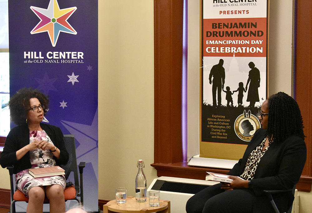 Rachel L. Swarns, left, discusses her book "The 272: The Families Who Were Enslaved and Sold to Build the American Catholic Church" in conversation with Pulitzer Prize-winning historian Marcia Chatelain at Hill Center at the Old Naval Hospital in Washington, D.C. (Courtesy of Hill Center)