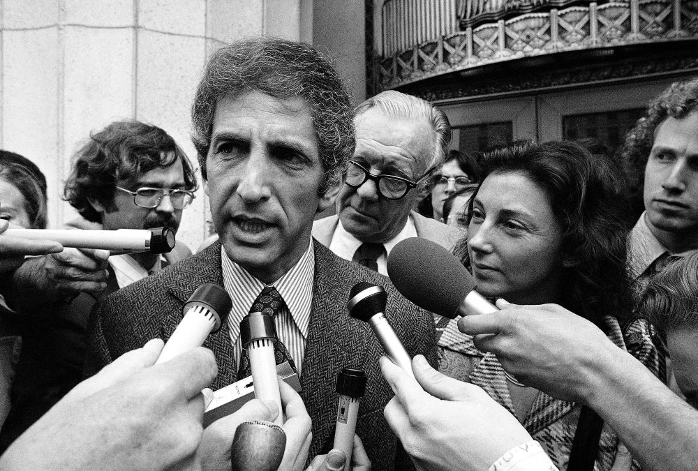 Daniel Ellsberg, co-defendant in the Pentagon Papers case, talks to media outside the Federal Building in Los Angeles, April 28, 1973. Ellsberg, the government analyst and whistleblower who leaked the Pentagon Papers in 1971, then became a passionate antiwar activist, died June 16. He was 92. (AP Photo/Wally Fong, File)