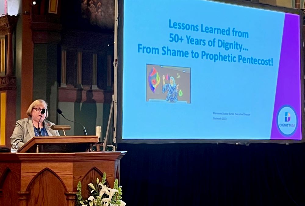 Marianne Duddy-Burke, executive director of Catholic LGBTQ ministry Dignity USA, speaks to attendees of the Outreach conference at the Church of St. Paul in New York City on June 17. (NCR photo/Joshua J. McElwee)