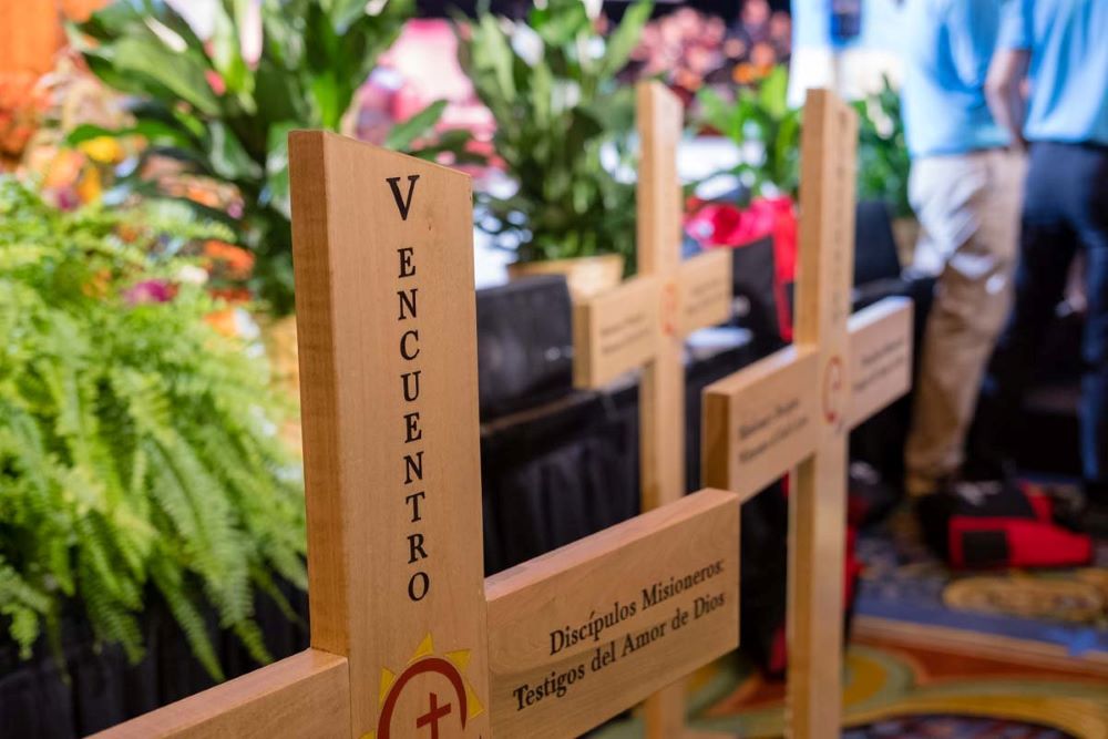 Crosses representing different regions of the United States are seen during a Sept. 21, 2018, session of V Encuentro, or the Fifth National Encuentro, in Grapevine, Texas. During their upcoming meeting, the U.S. bishops are expected vote on the National Pastoral Plan for Hispanic/Latino Ministry, which grew out of the September 2018 Fifth National Encuentro of Hispanic Ministry. (CNS/Texas Catholic Herald/James Ramos)