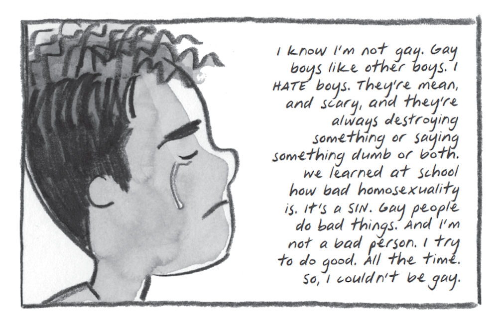 An illustration from the graphic novel "Flamer" depicts a young teenage boy struggling to make sense of his sexual identity while attending a Catholic school. (Courtesy graphic)
