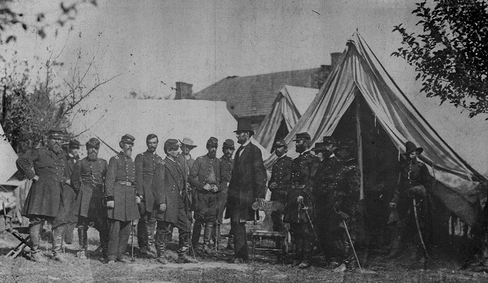 President Abraham Lincoln and his generals, photographed by Mathew Brady after the Battle of Antietam in Maryland in 1862 (U.S. National Archives)
