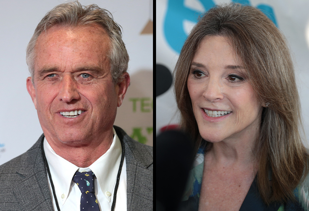 Robert F. Kennedy Jr. is pictured in 2017, and Marianne Williamson is pictured in 2019, in this photo composite. (Wikimedia Commons/Gage Skidmore, CC BY-SA 3.0; CC BY-SA 2.0)