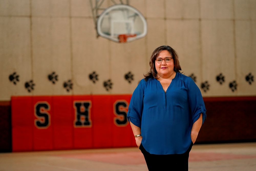 Superior Mayor Mila Besich stands in the gymnasium of the vacant Superior High School, Friday, June 9, 2023, in Superior, Ariz. 